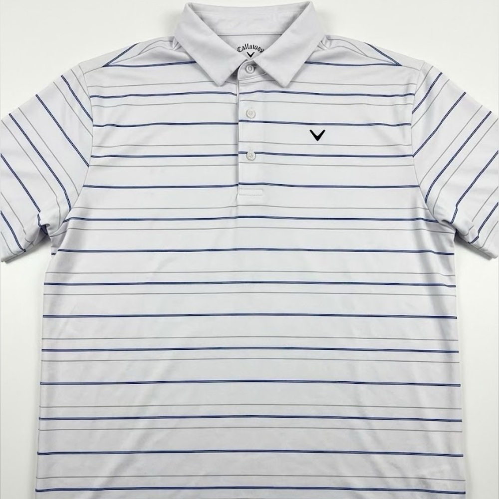 Men’s Callaway White Polo with Blue Stripes- men’s: large